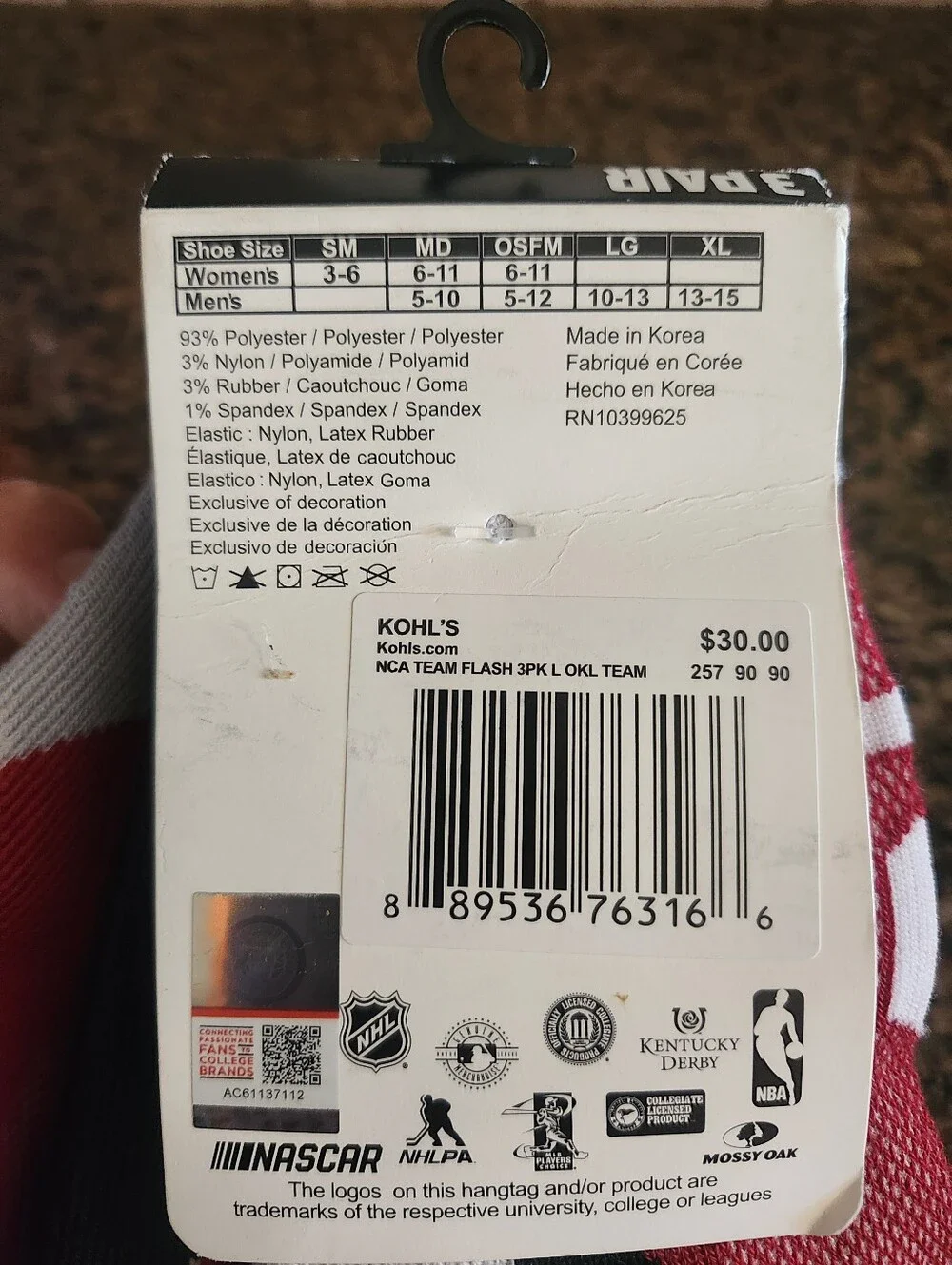 For Bare Feet Oklahoma 3-Pack Low-Cut Socks in Red, Black, White Large